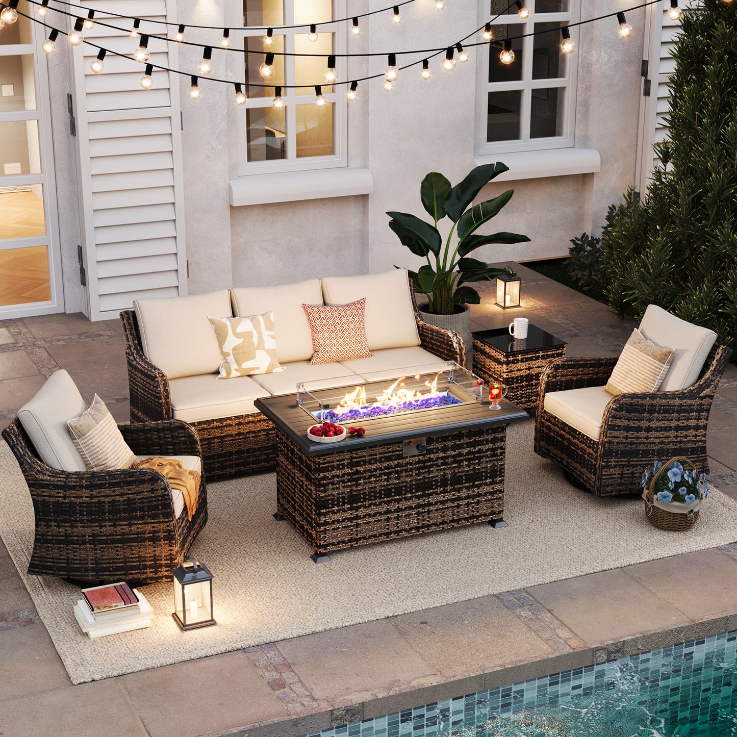 5 Pieces Patio Furniture Set With Fire Pit Table, Wicker Outdoor Conversation Sets(YK-6501)