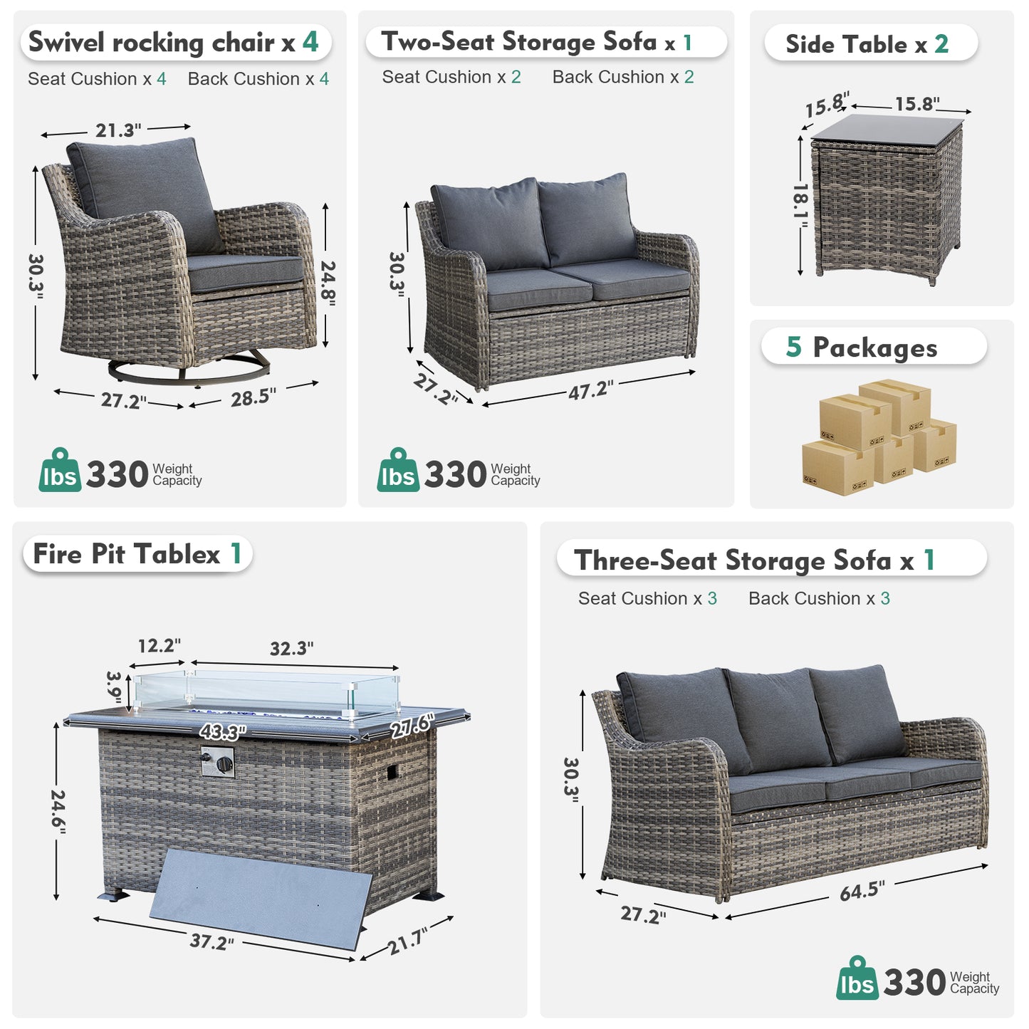 9 Pieces Patio Furniture Set With Fire Pit Table, Wicker Outdoor Conversation Sets(YK-6505)