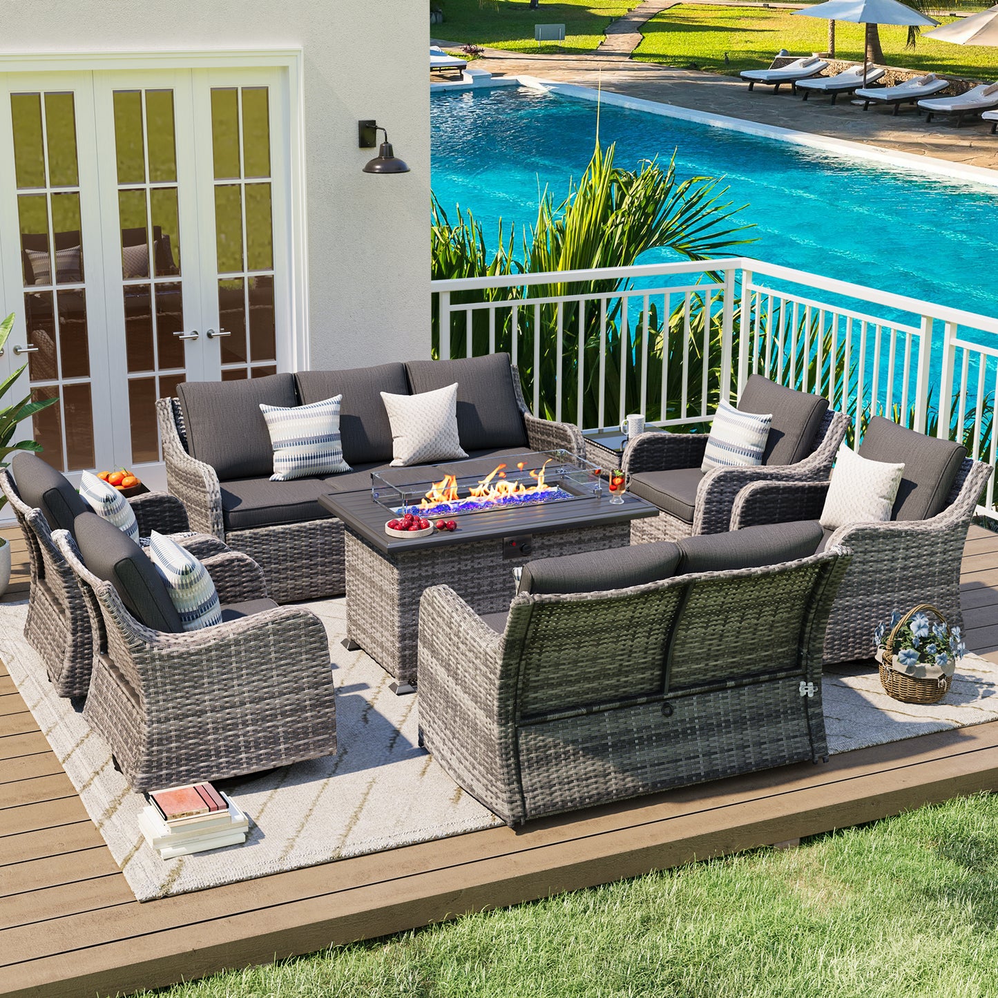 9 Pieces Patio Furniture Set With Fire Pit Table, Wicker Outdoor Conversation Sets(YK-6505)
