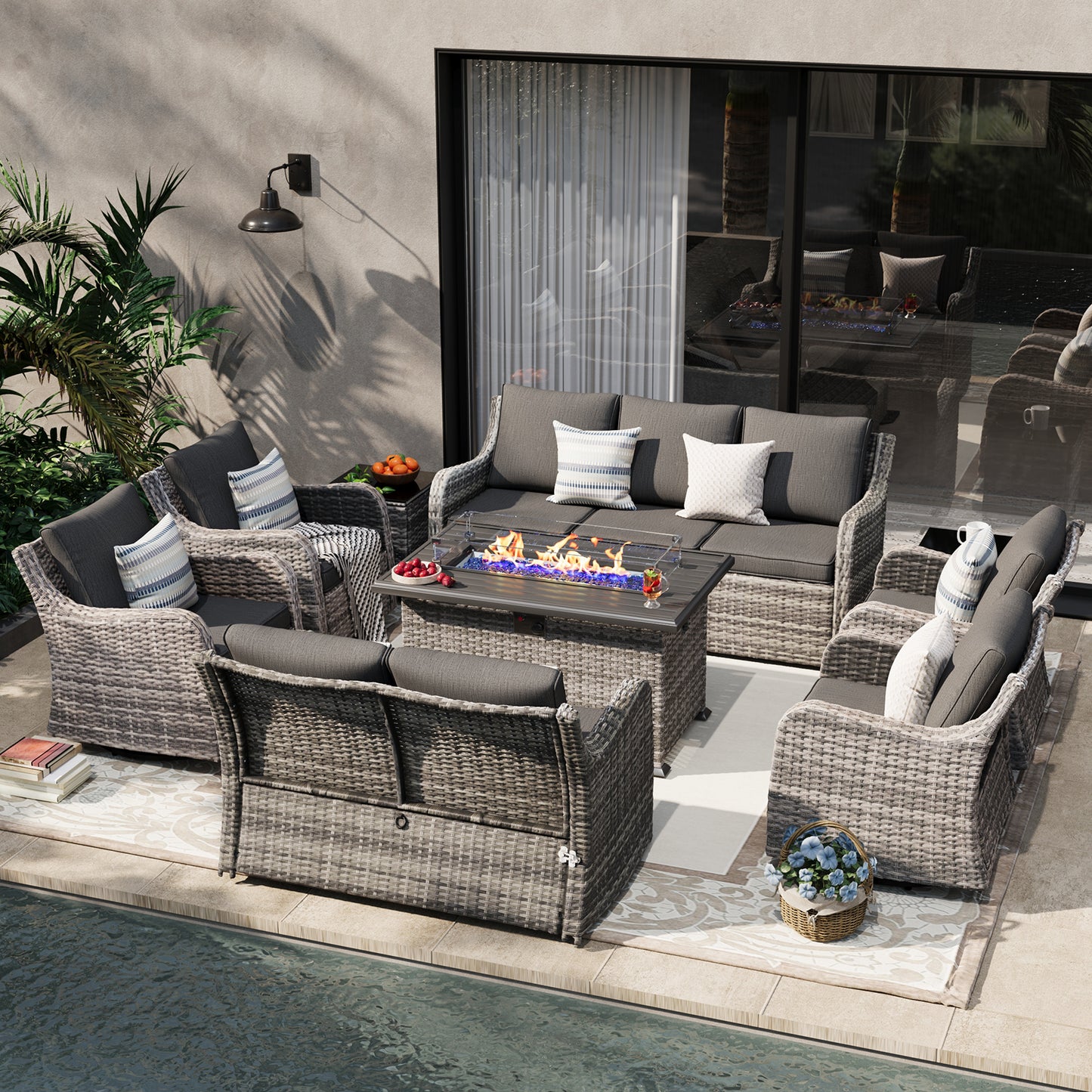 9 Pieces Patio Furniture Set With Fire Pit Table, Wicker Outdoor Conversation Sets(YK-6505)