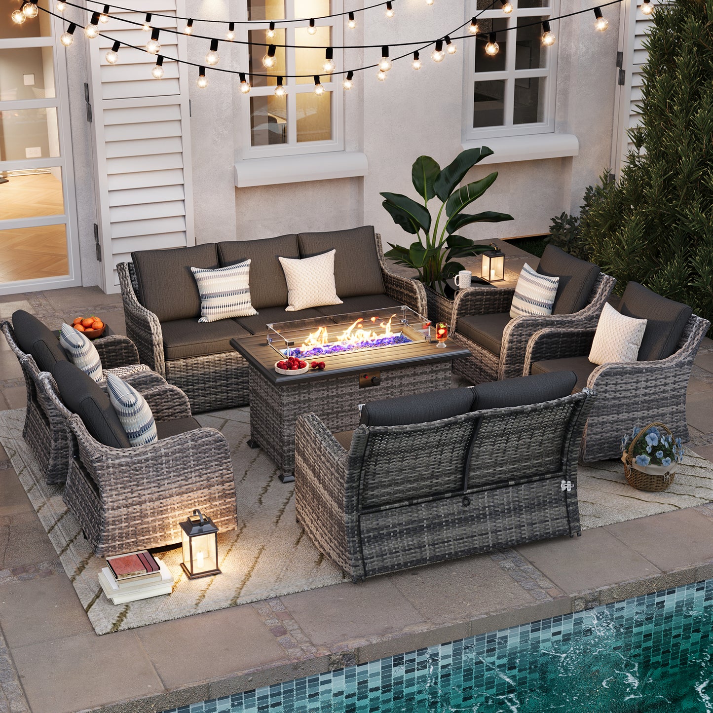 9 Pieces Patio Furniture Set With Fire Pit Table, Wicker Outdoor Conversation Sets(YK-6505)