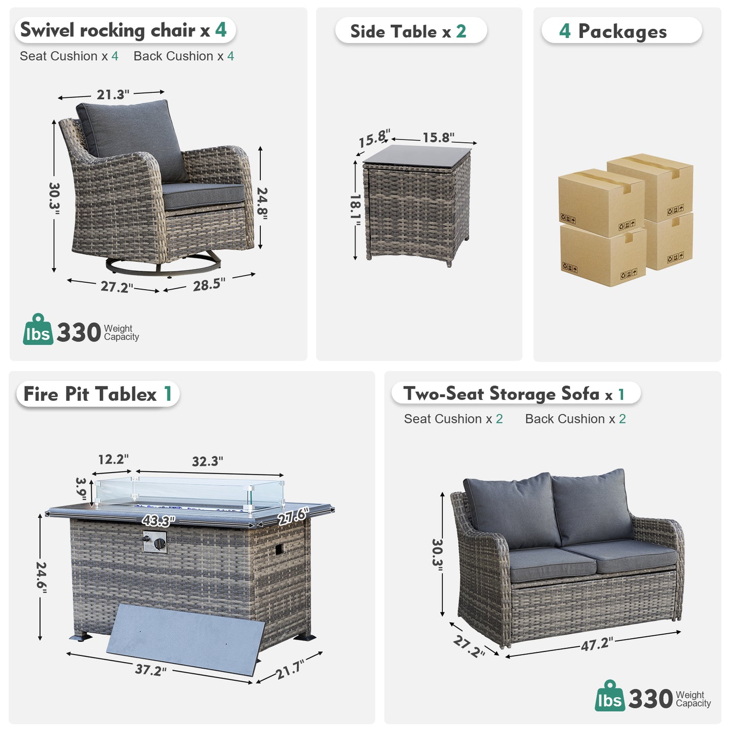 8 Pieces Patio Furniture Set With Fire Pit Table, Wicker Outdoor Conversation Sets(YK-6504)