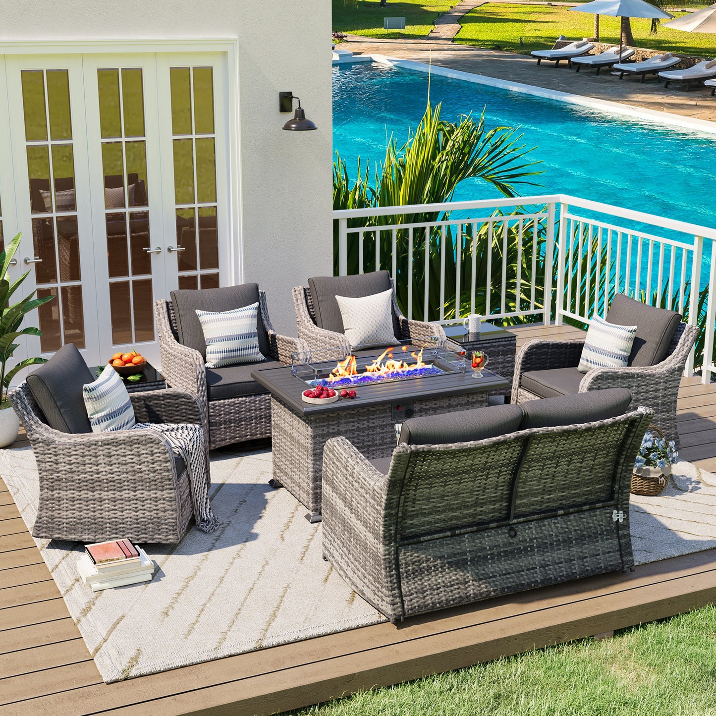 8 Pieces Patio Furniture Set With Fire Pit Table, Wicker Outdoor Conversation Sets(YK-6504)