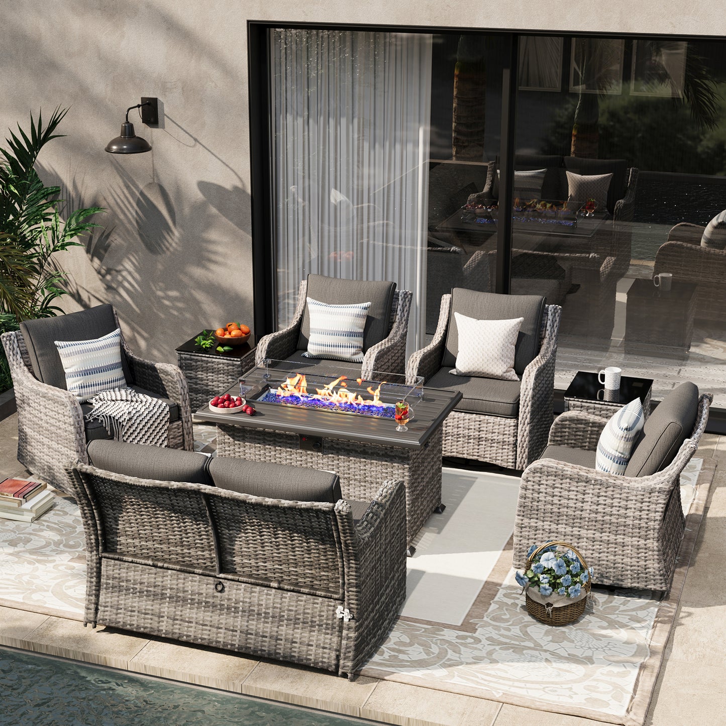 8 Pieces Patio Furniture Set With Fire Pit Table, Wicker Outdoor Conversation Sets(YK-6504)