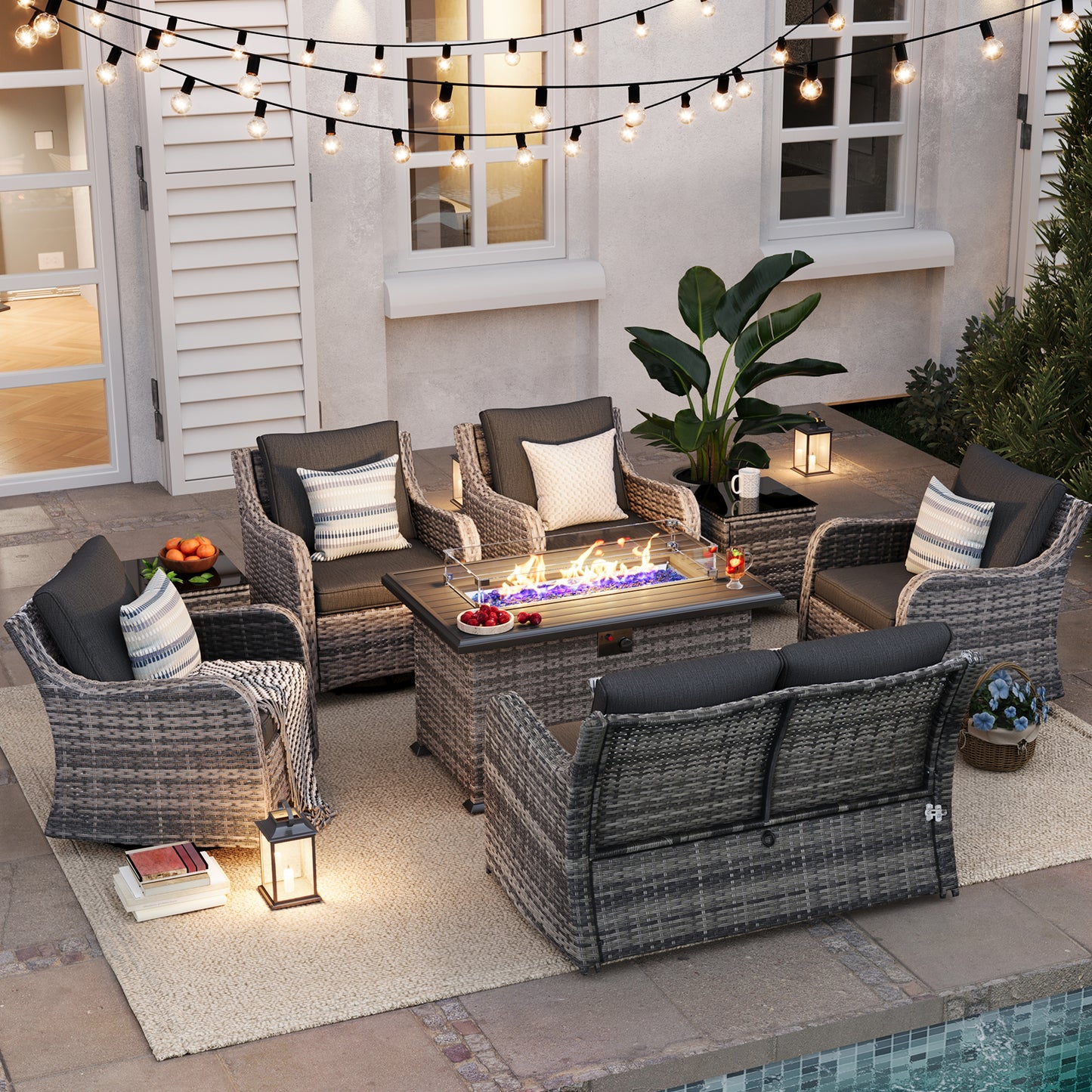8 Pieces Patio Furniture Set With Fire Pit Table, Wicker Outdoor Conversation Sets(YK-6504)