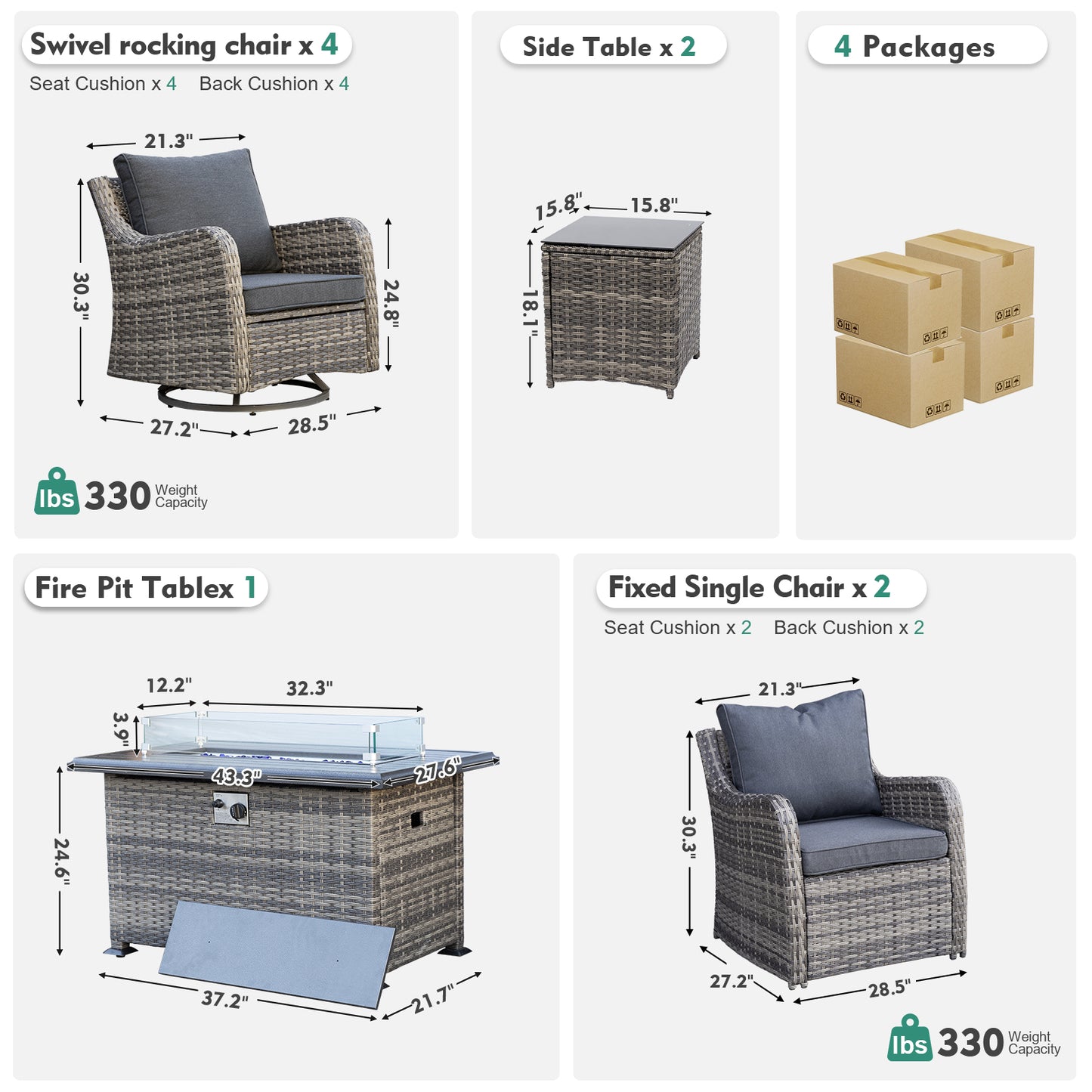 9 Pieces Patio Furniture Set With Fire Pit Table, Wicker Outdoor Conversation Sets(YK-6506)