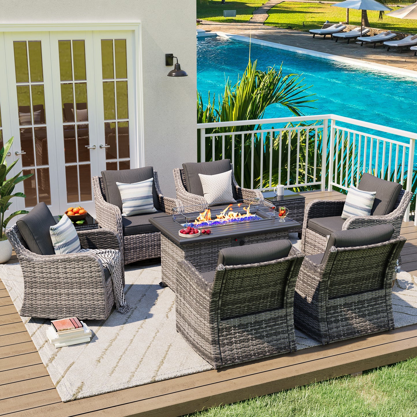 9 Pieces Patio Furniture Set With Fire Pit Table, Wicker Outdoor Conversation Sets(YK-6506)