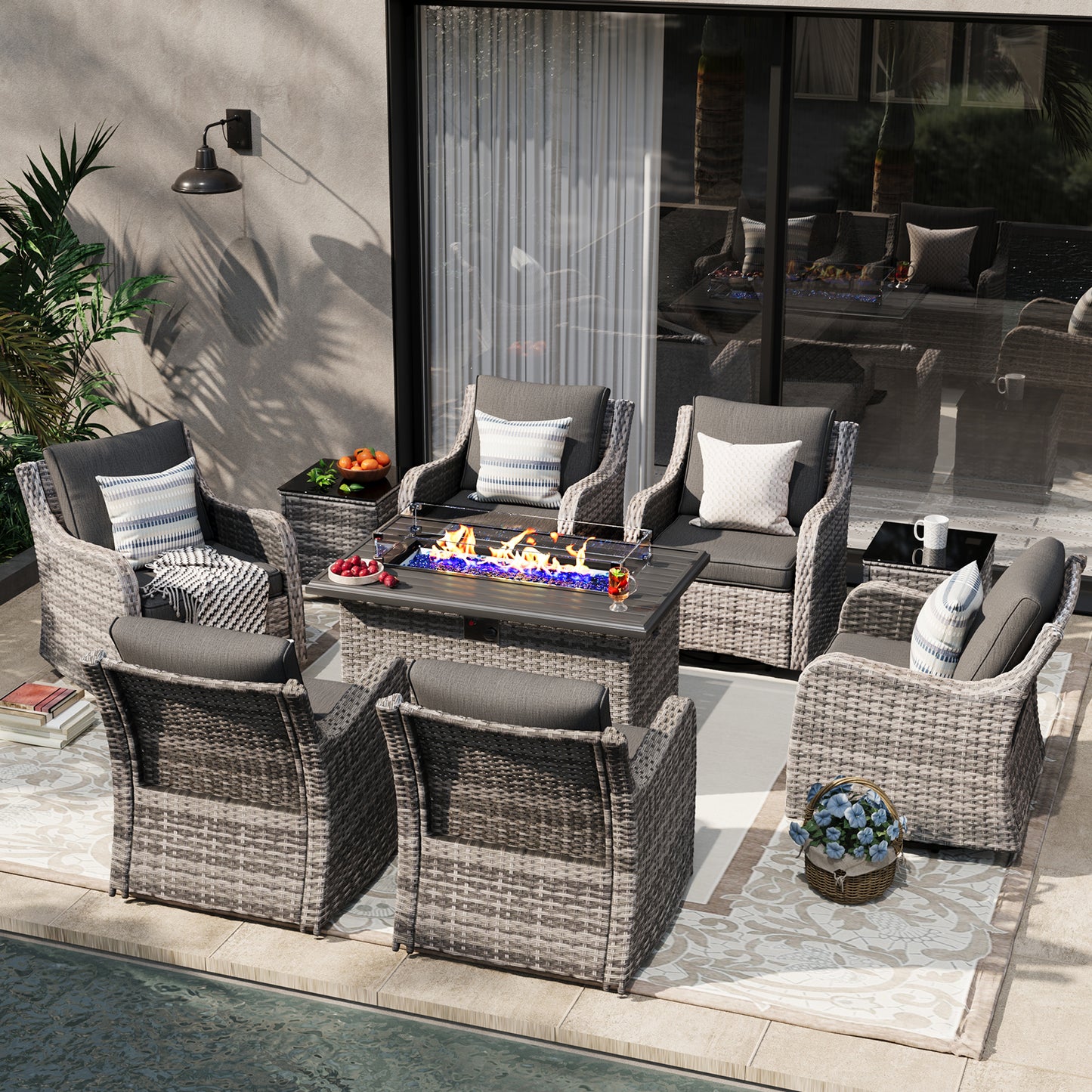 9 Pieces Patio Furniture Set With Fire Pit Table, Wicker Outdoor Conversation Sets(YK-6506)