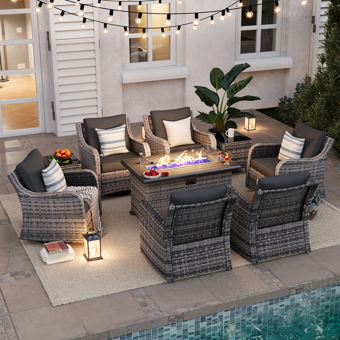 9 Pieces Patio Furniture Set With Fire Pit Table, Wicker Outdoor Conversation Sets(YK-6506)
