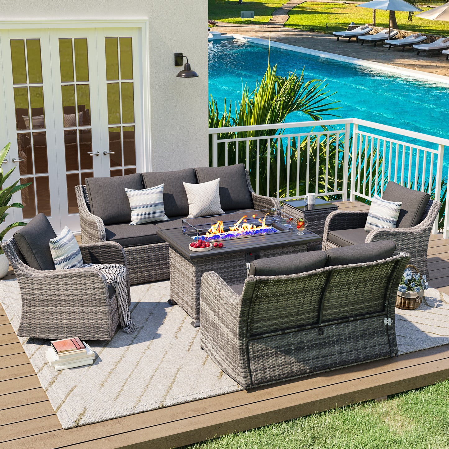 6 Pieces Patio Furniture Set With Fire Pit Table, Wicker Outdoor Conversation Sets(YK-6502)