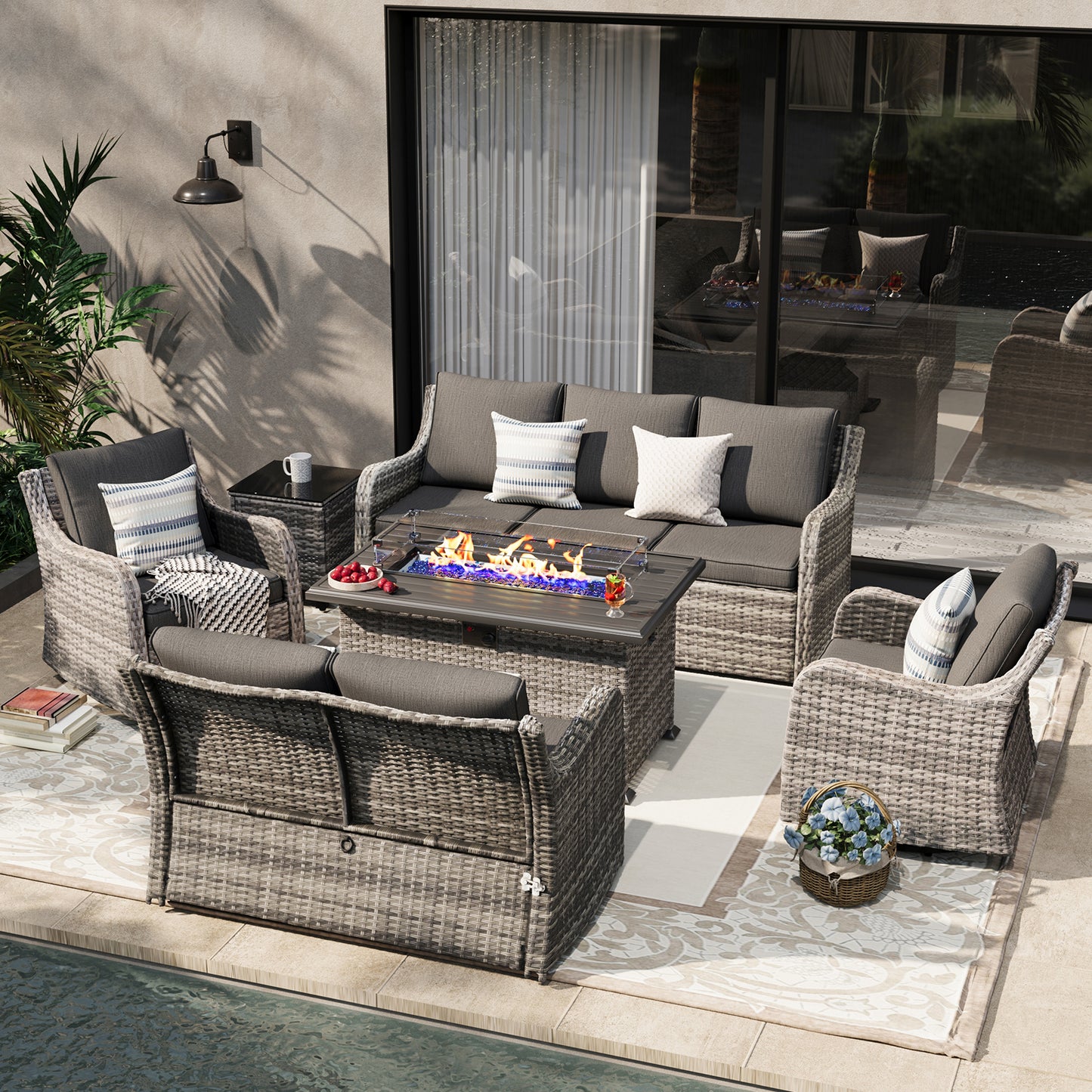 6 Pieces Patio Furniture Set With Fire Pit Table, Wicker Outdoor Conversation Sets(YK-6502)