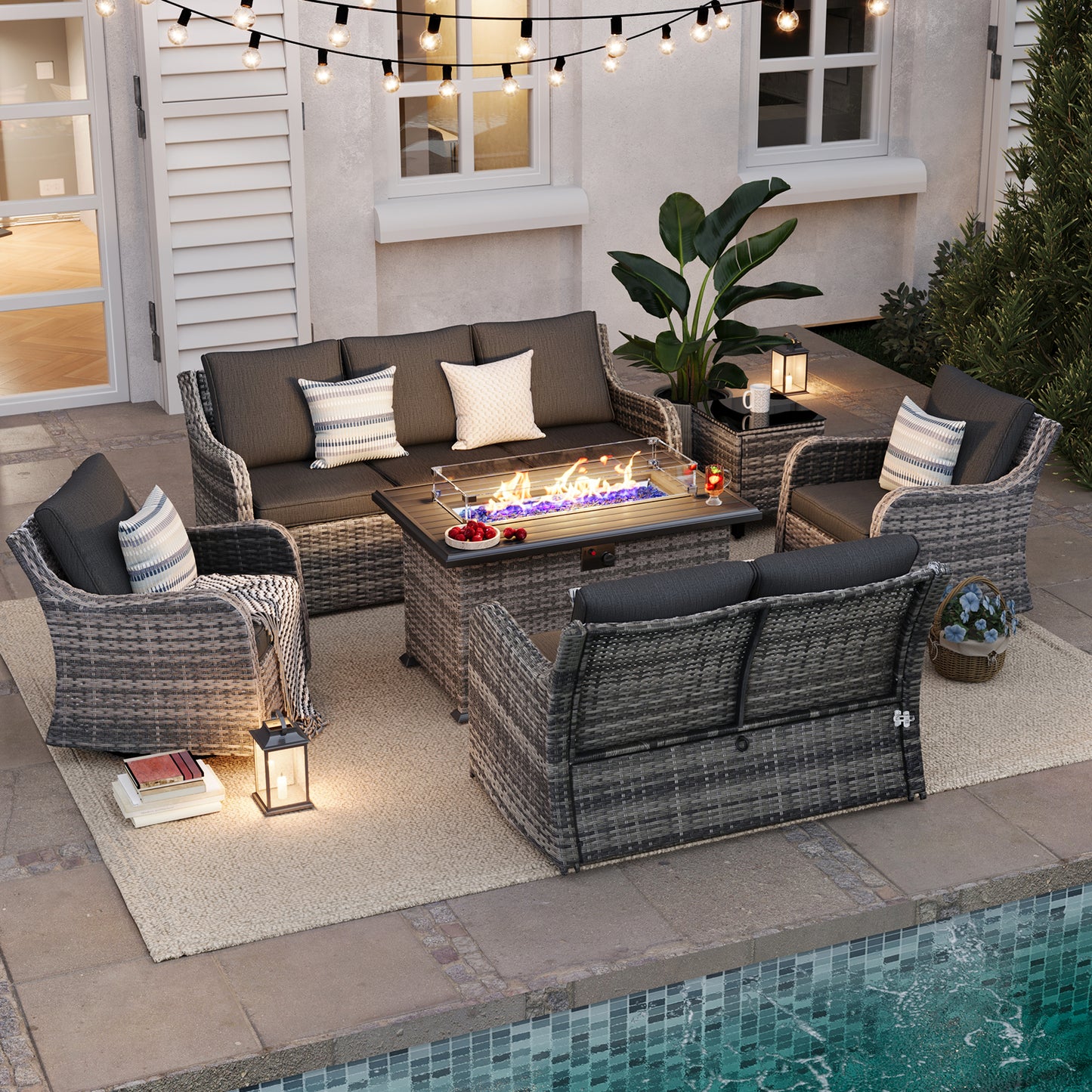 6 Pieces Patio Furniture Set With Fire Pit Table, Wicker Outdoor Conversation Sets(YK-6502)