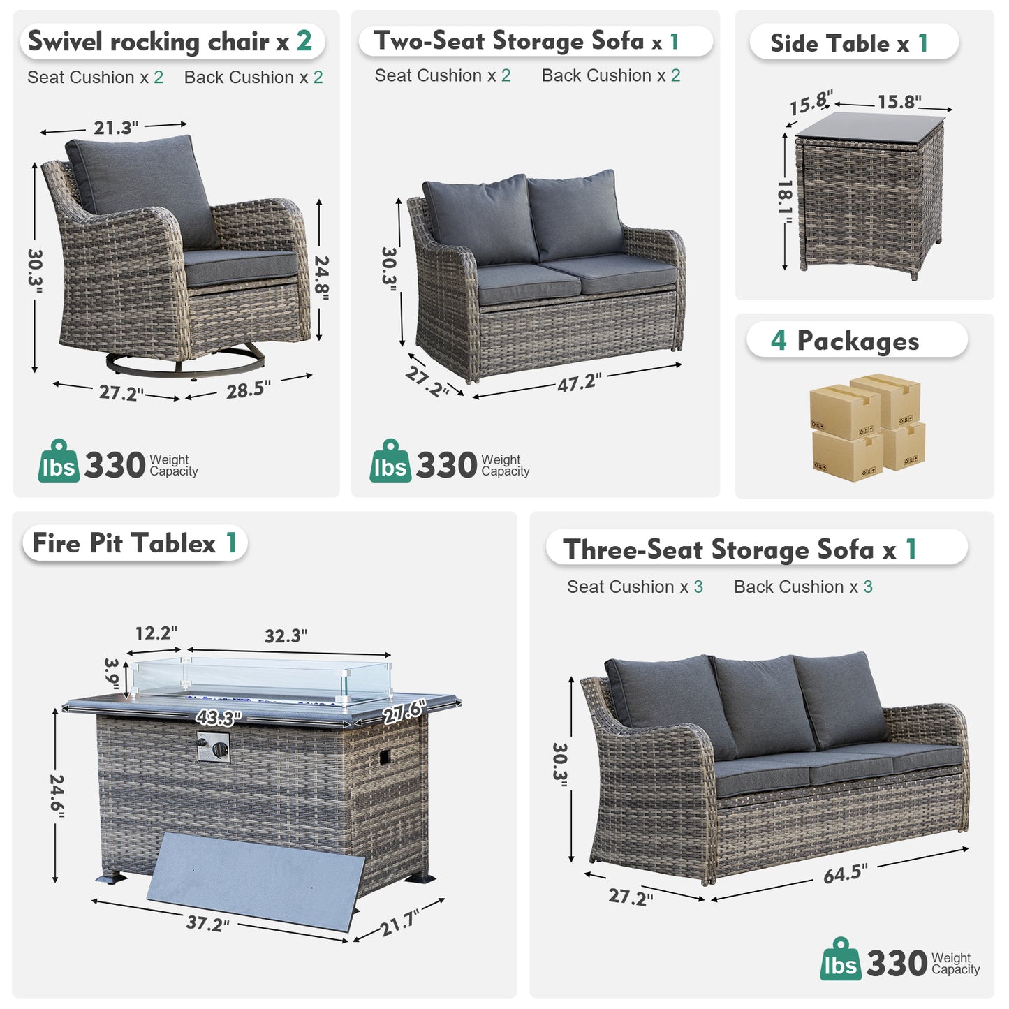 6 Pieces Patio Furniture Set With Fire Pit Table, Wicker Outdoor Conversation Sets(YK-6502)