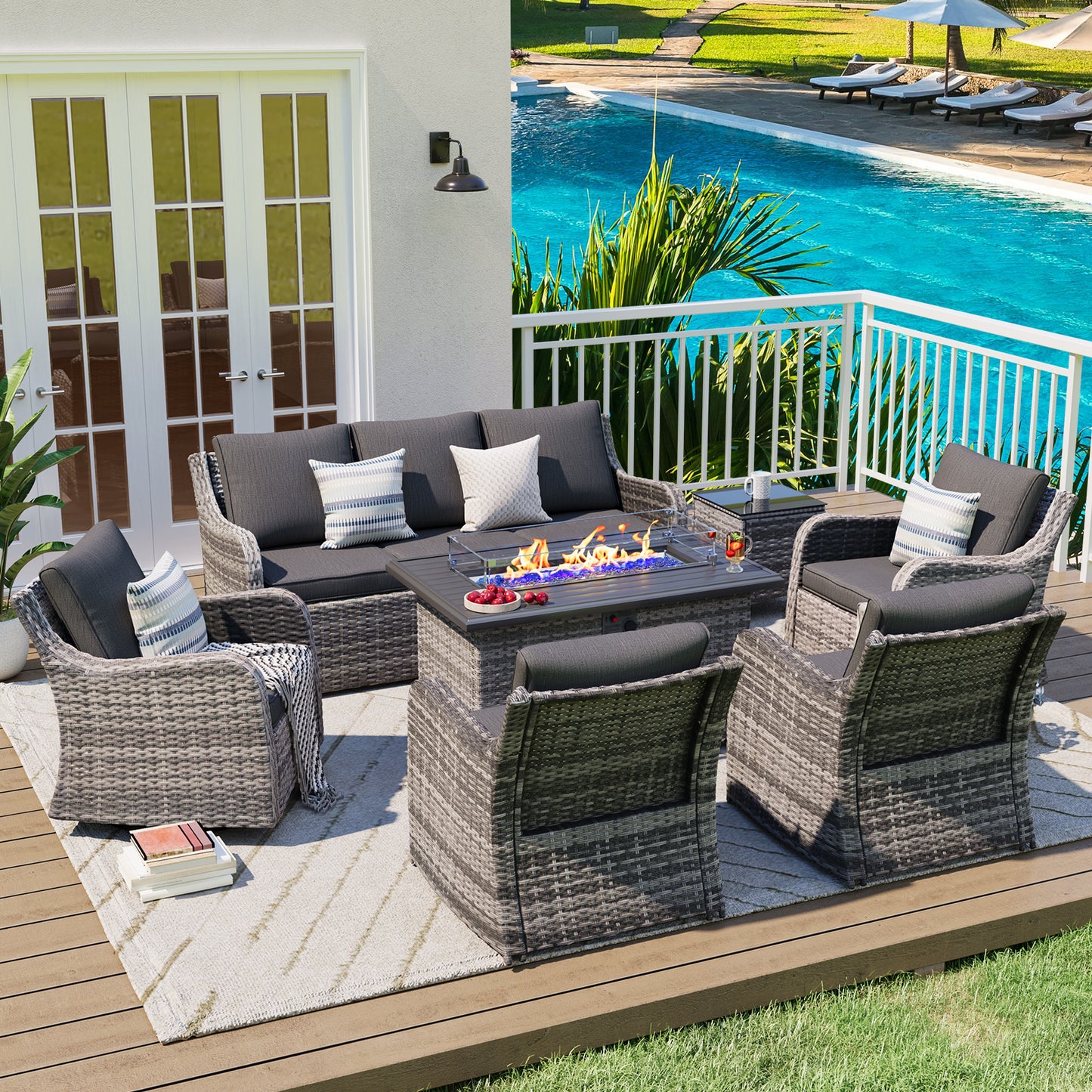 7 Pieces Patio Furniture Set With Fire Pit Table, Wicker Outdoor Conversation Sets(YK-6503)