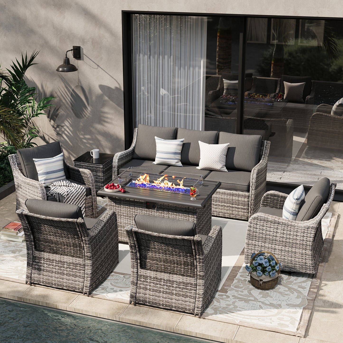 7 Pieces Patio Furniture Set With Fire Pit Table, Wicker Outdoor Conversation Sets(YK-6503)