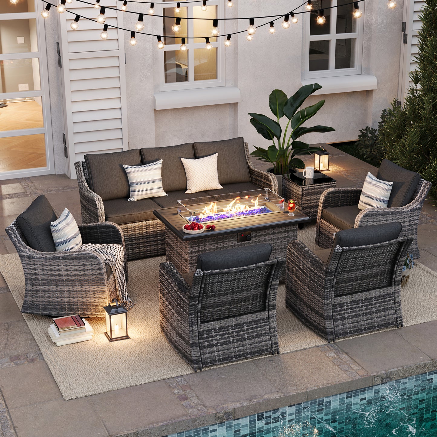 7 Pieces Patio Furniture Set With Fire Pit Table, Wicker Outdoor Conversation Sets(YK-6503)