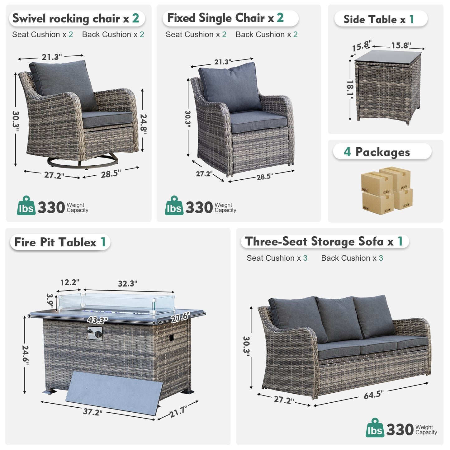 7 Pieces Patio Furniture Set With Fire Pit Table, Wicker Outdoor Conversation Sets(YK-6503)