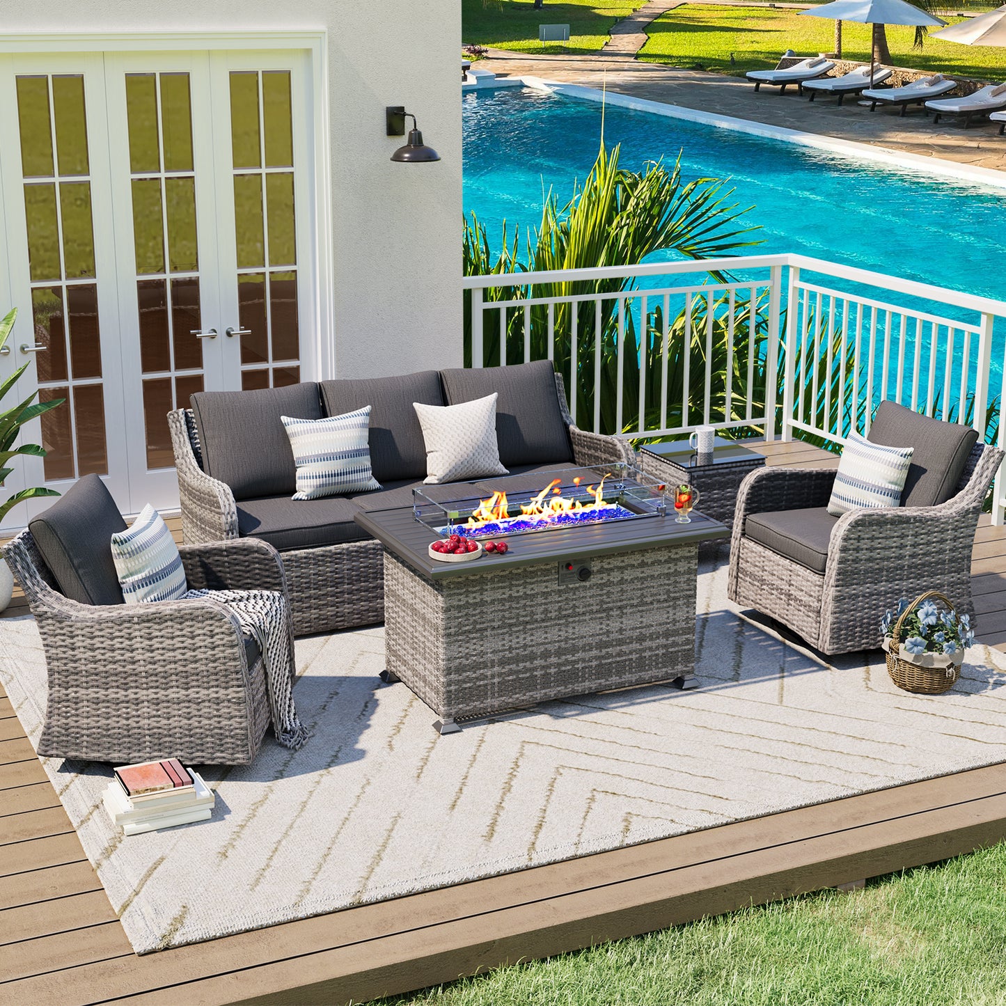 5 Pieces Patio Furniture Set With Fire Pit Table, Wicker Outdoor Conversation Sets(YK-6501)