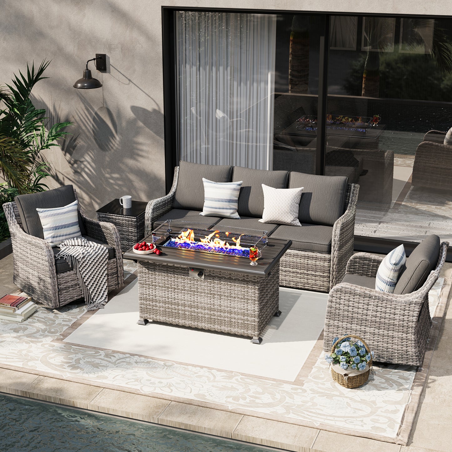 5 Pieces Patio Furniture Set With Fire Pit Table, Wicker Outdoor Conversation Sets(YK-6501)