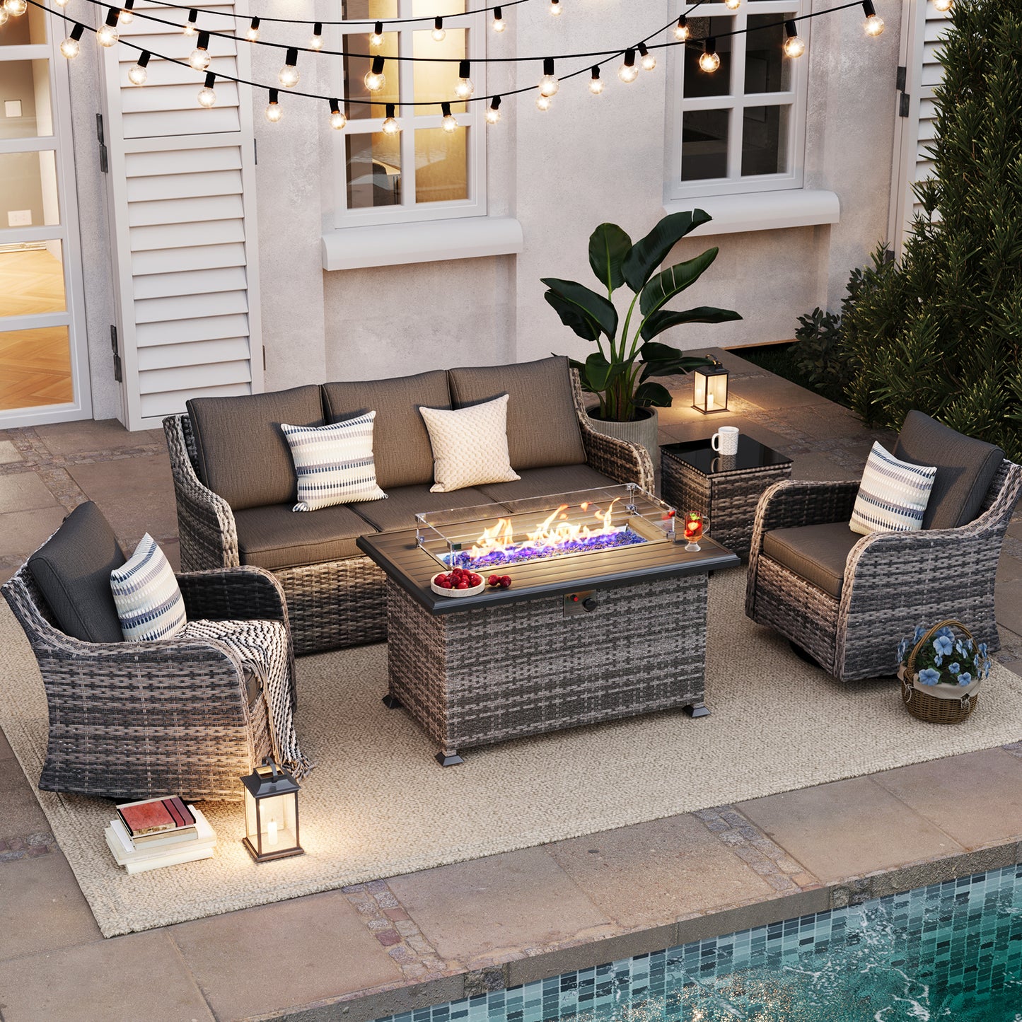 5 Pieces Patio Furniture Set With Fire Pit Table, Wicker Outdoor Conversation Sets(YK-6501)