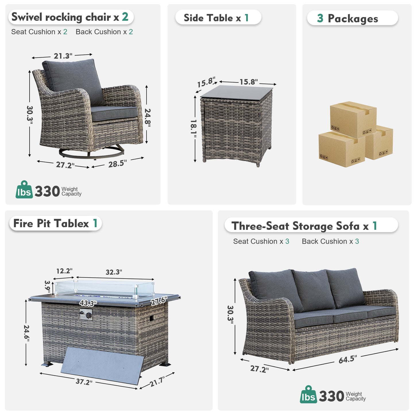 5 Pieces Patio Furniture Set With Fire Pit Table, Wicker Outdoor Conversation Sets(YK-6501)