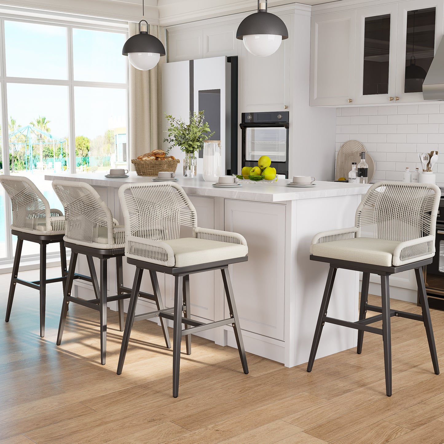 26/30 Inch Swivel Rattan Counter Height Bar Stools with Boho Woven Rope Back