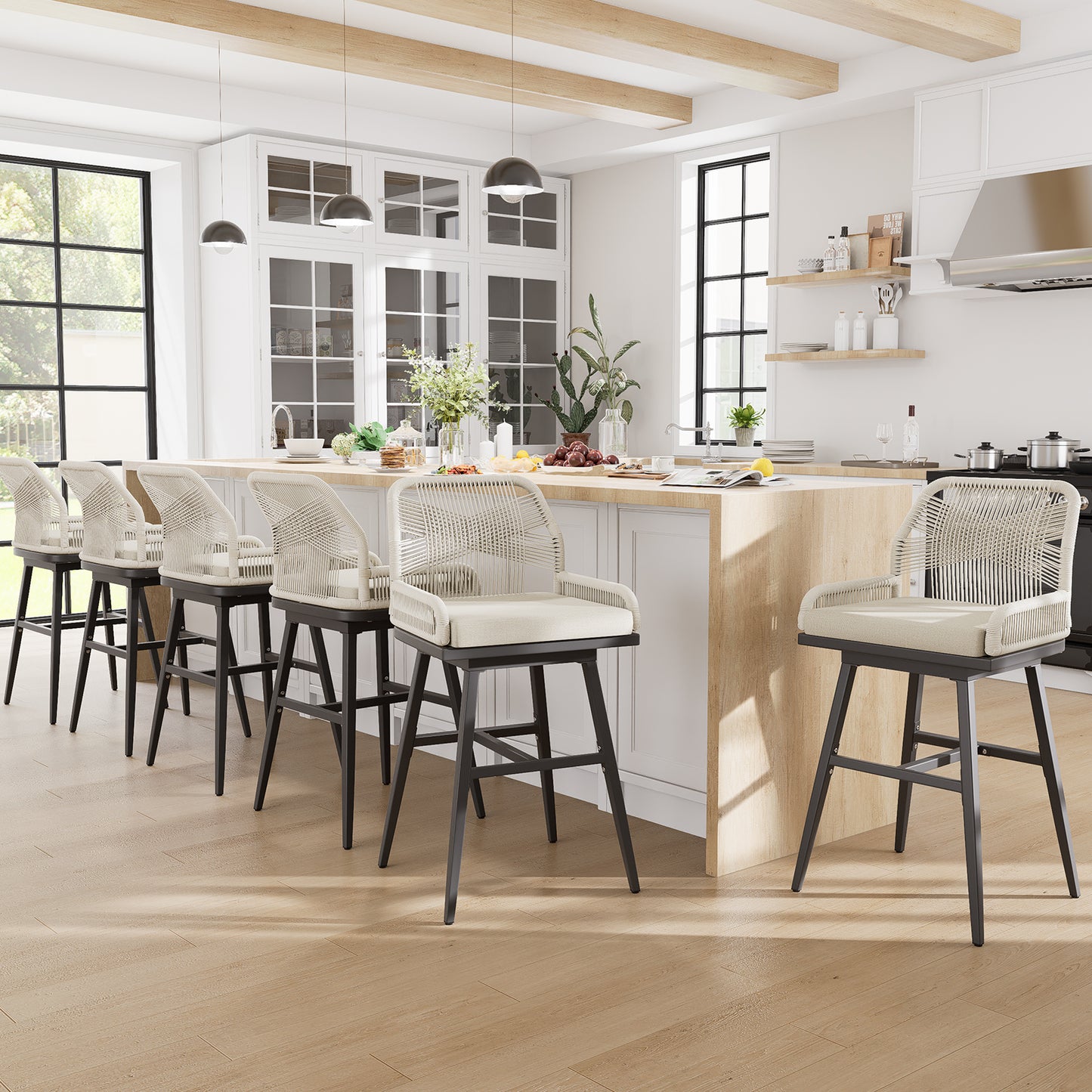 26/30 Inch Swivel Rattan Counter Height Bar Stools with Boho Woven Rope Back