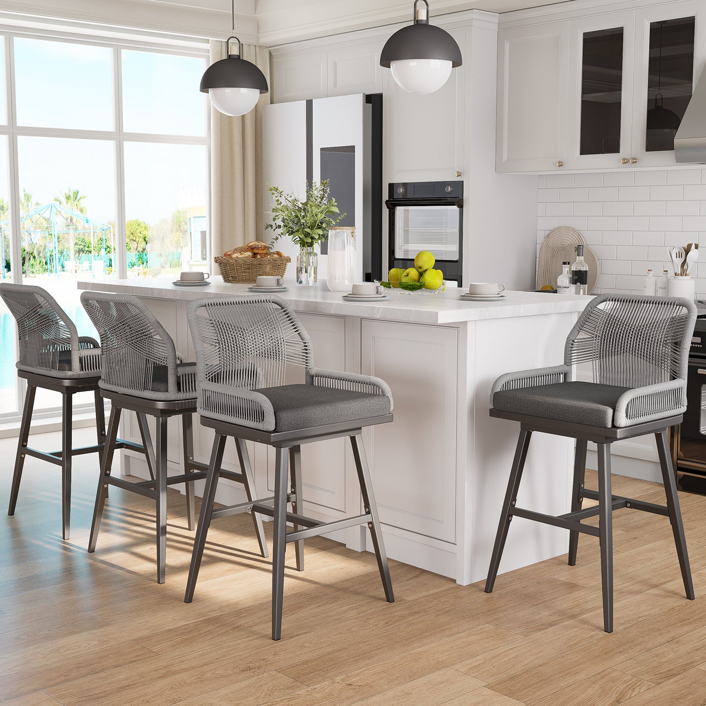 26/30 Inch Swivel Rattan Counter Height Bar Stools with Boho Woven Rope Back