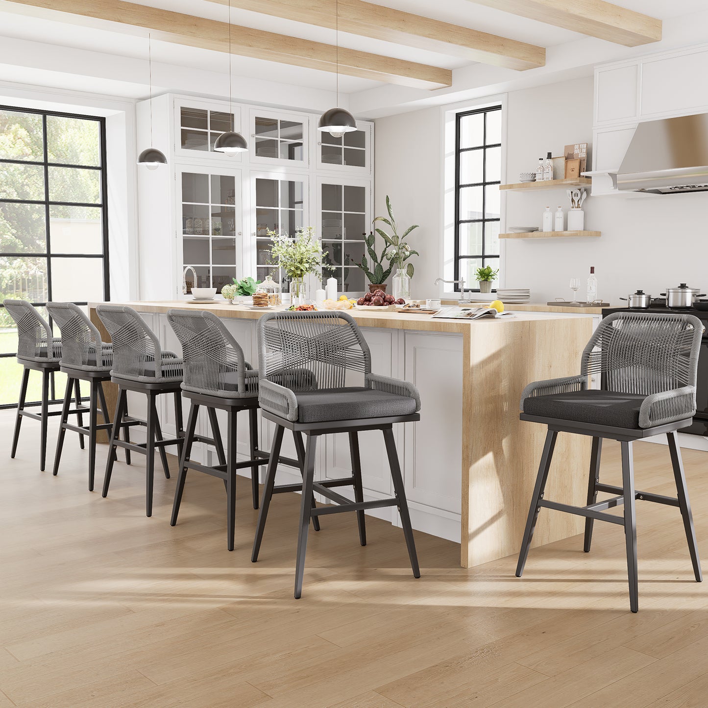 26/30 Inch Swivel Rattan Counter Height Bar Stools with Boho Woven Rope Back