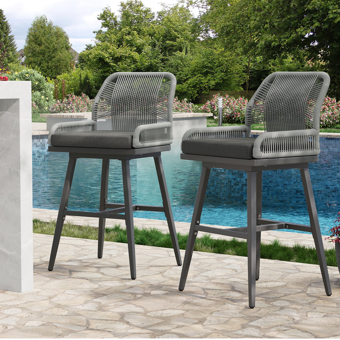 26/30 Inch Swivel Rattan Counter Height Bar Stools with Boho Woven Rope Back