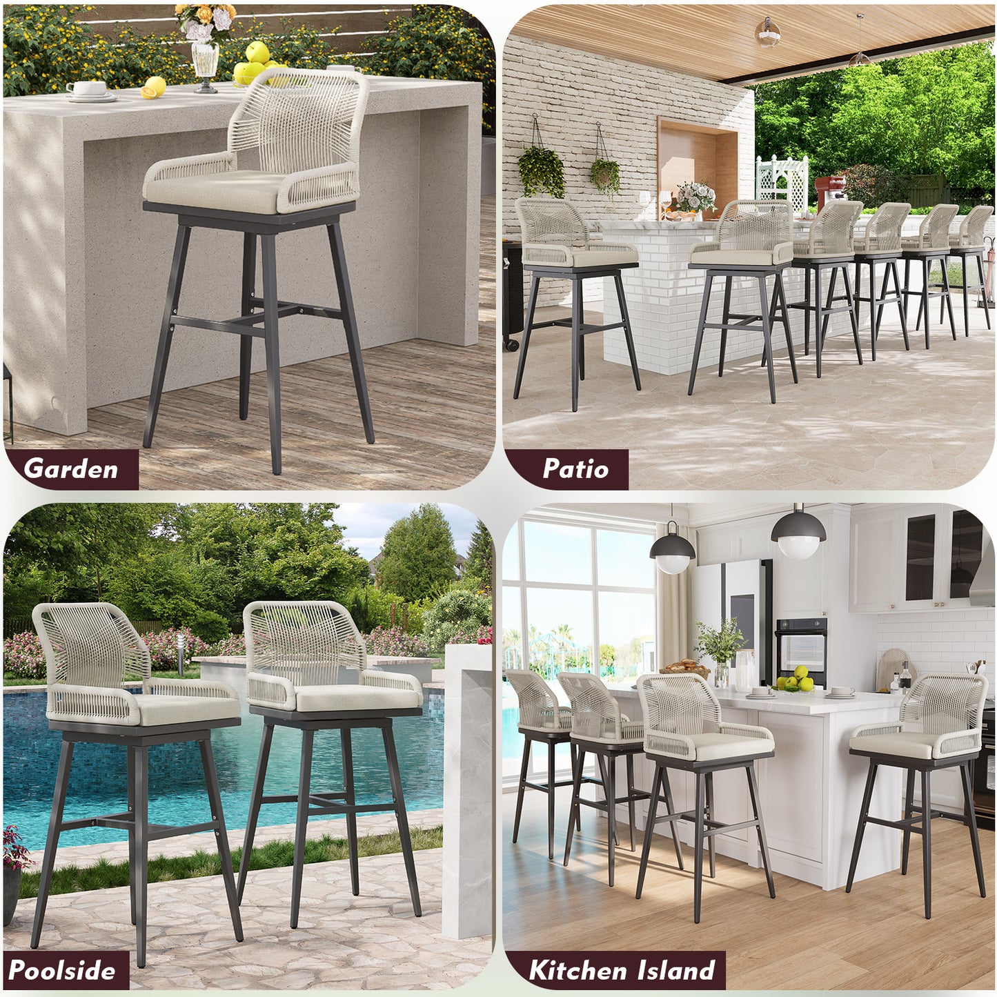 26/30 Inch Swivel Rattan Counter Height Bar Stools with Boho Woven Rope Back