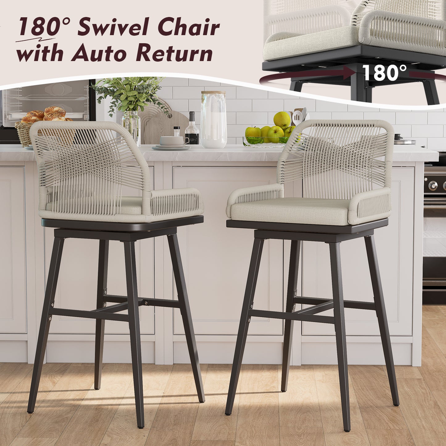26/30 Inch Swivel Rattan Counter Height Bar Stools with Boho Woven Rope Back