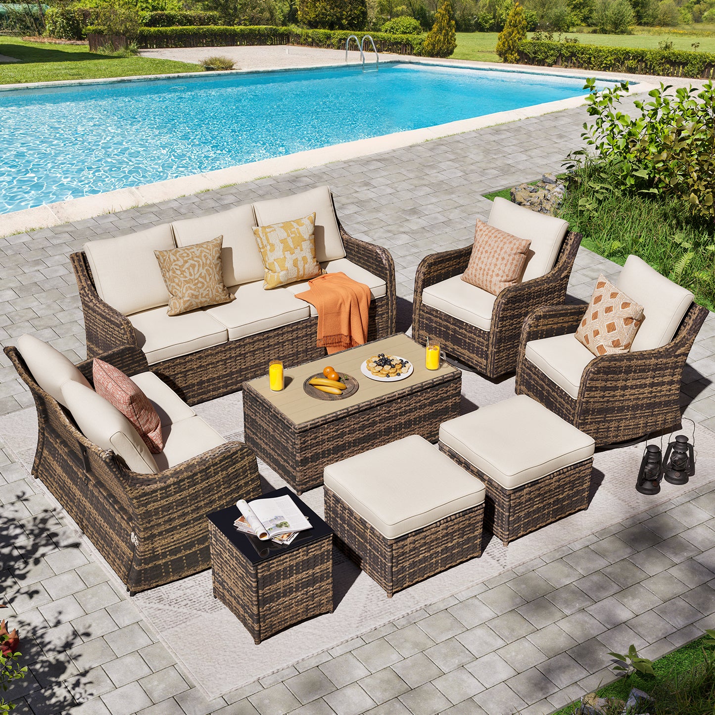 7/8 Piece Outdoor Rattan Patio Furniture Set, Swivel Rocker Chairs with Ottomans (YK-6003)