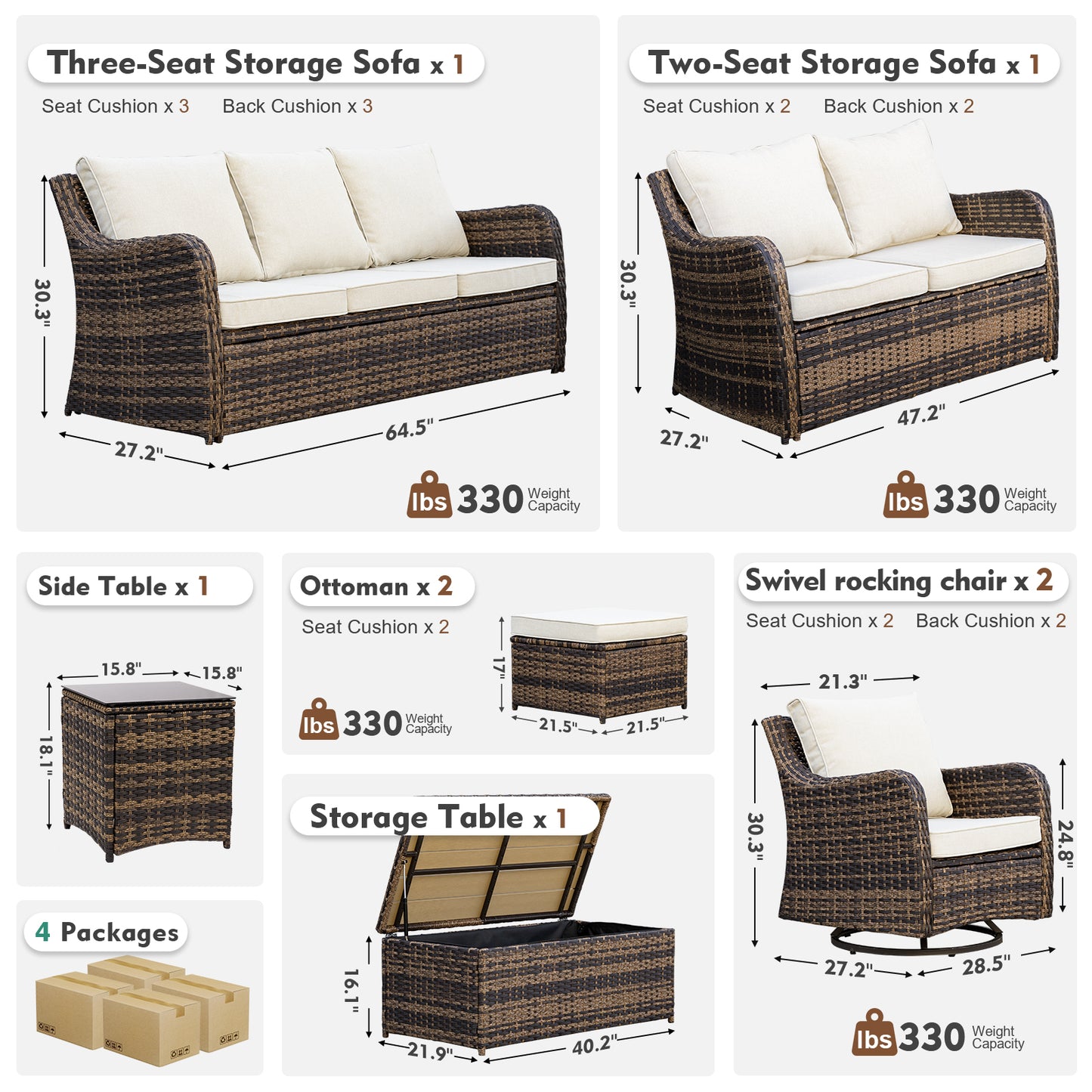 7/8 Piece Outdoor Rattan Patio Furniture Set, Swivel Rocker Chairs with Ottomans (YK-6003)