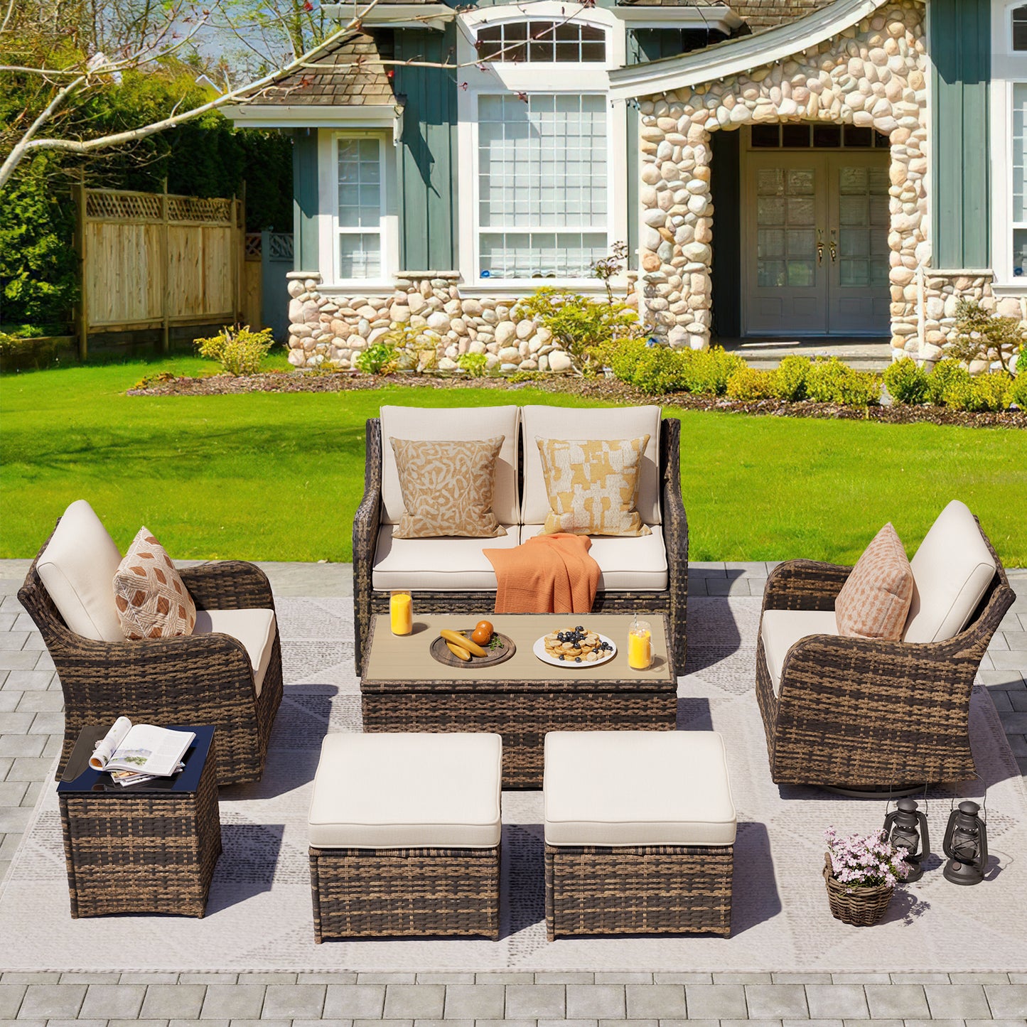 7/8 Piece Outdoor Rattan Patio Furniture Set, Swivel Rocker Chairs with Ottomans (YK-6003)