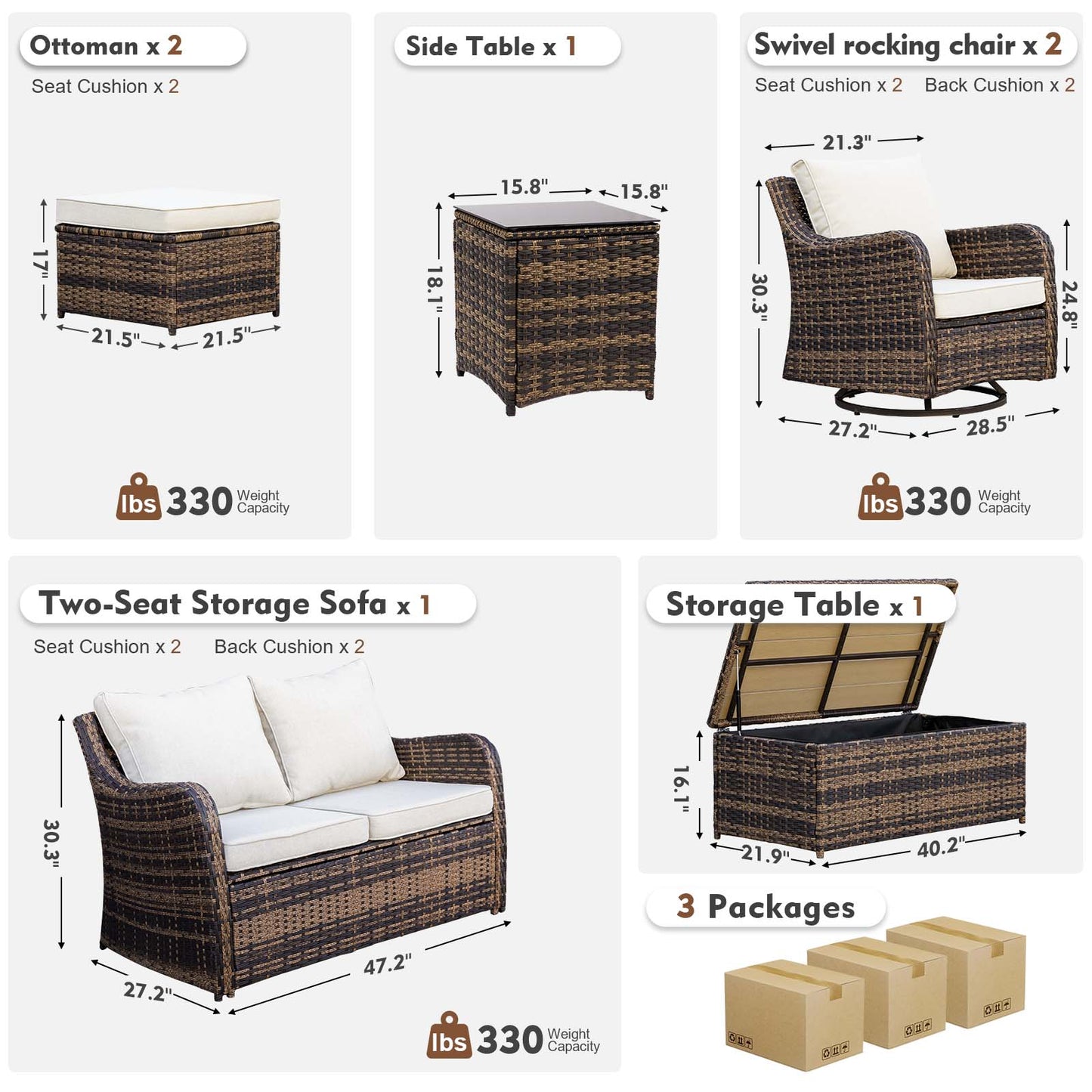 7/8 Piece Outdoor Rattan Patio Furniture Set, Swivel Rocker Chairs with Ottomans (YK-6003)