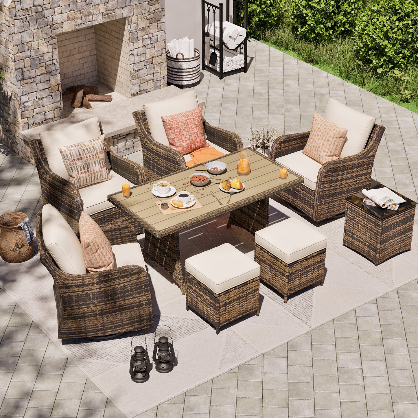 6/8 Piece Outdoor Rattan Patio Furniture Set, Swivel Rocker Chairs with Ottomans (YK-6010)