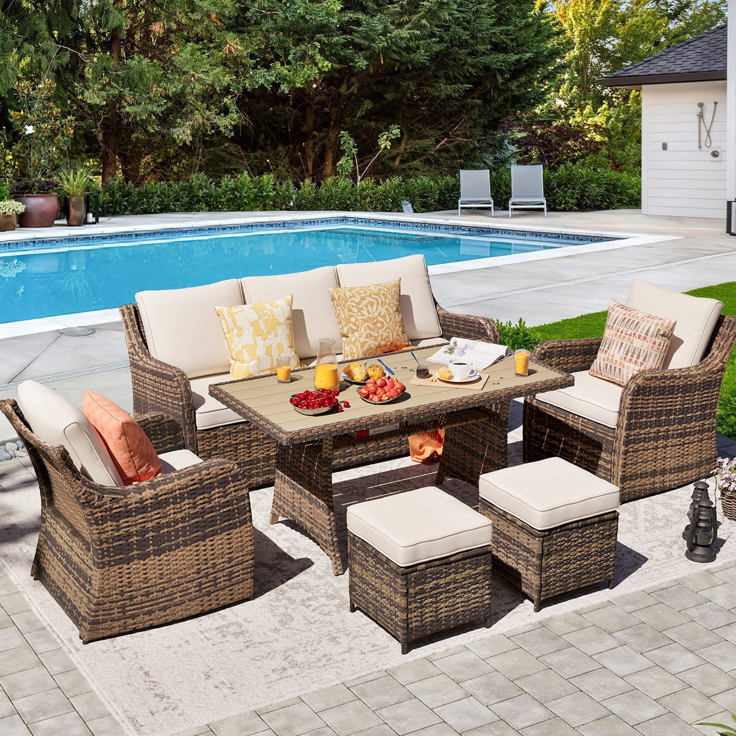 6/8 Piece Outdoor Rattan Patio Furniture Set, Swivel Rocker Chairs with Ottomans (YK-6010)