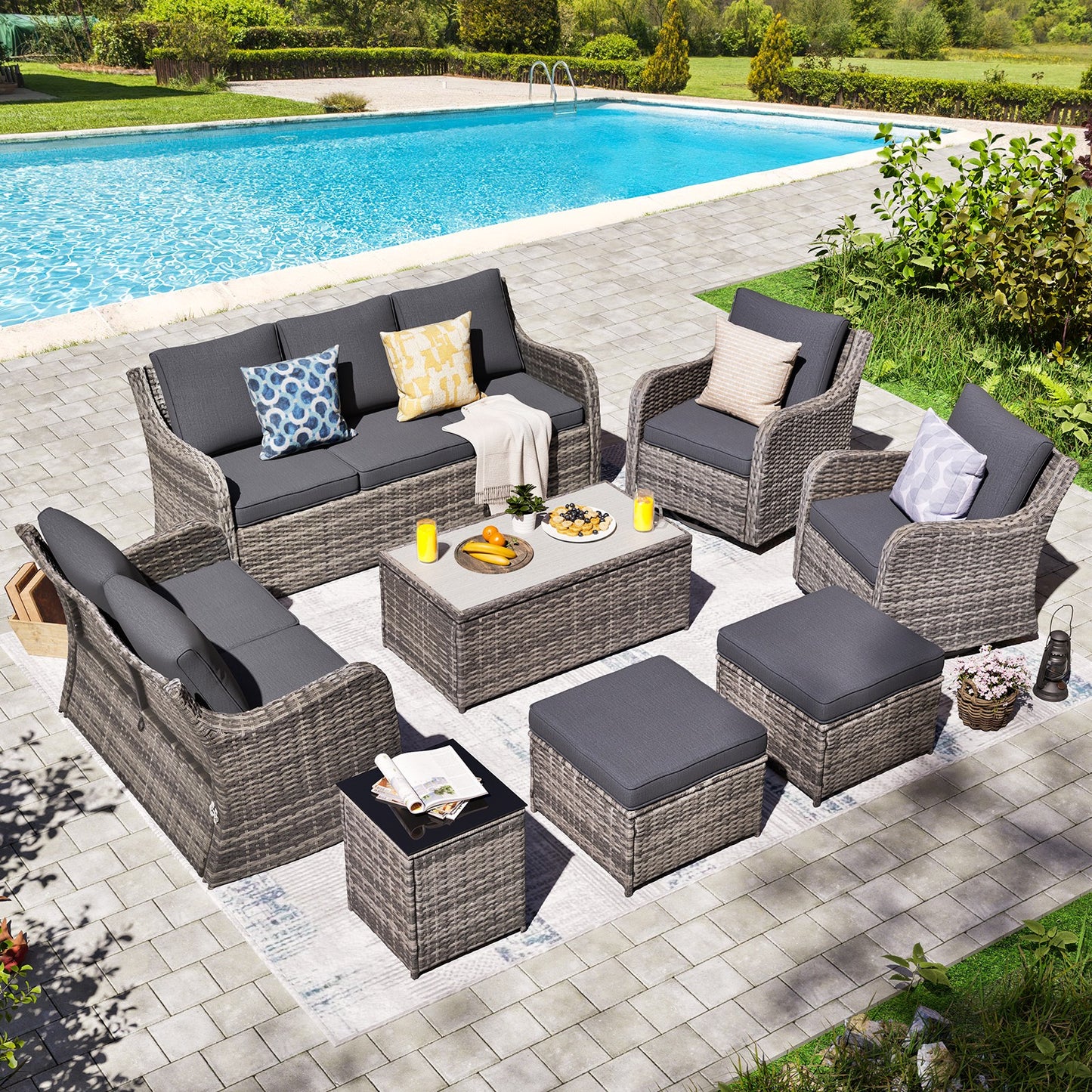 7/8 Piece Outdoor Rattan Patio Furniture Set, Swivel Rocker Chairs with Ottomans (YK-6003)