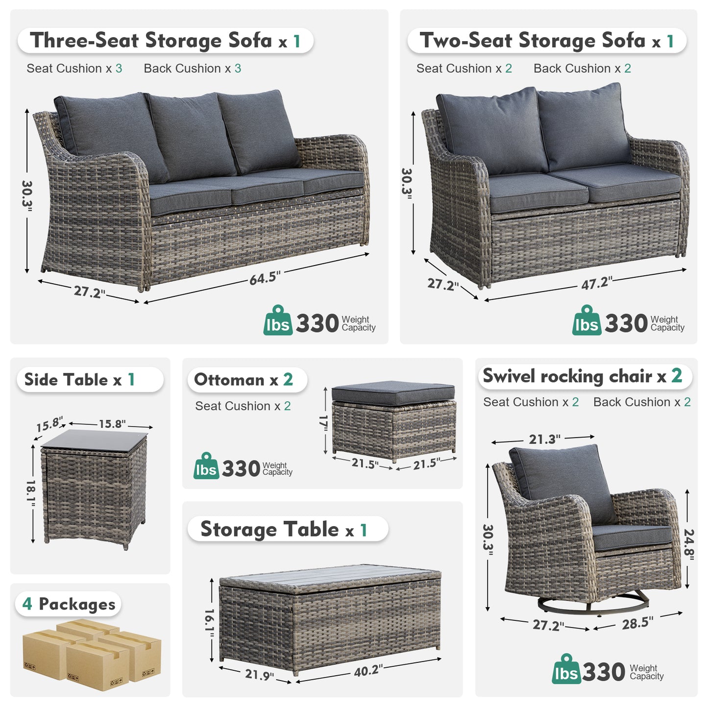 7/8 Piece Outdoor Rattan Patio Furniture Set, Swivel Rocker Chairs with Ottomans (YK-6003)