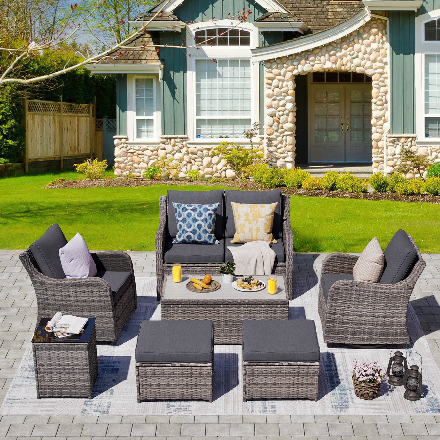 7/8 Piece Outdoor Rattan Patio Furniture Set, Swivel Rocker Chairs with Ottomans (YK-6003)