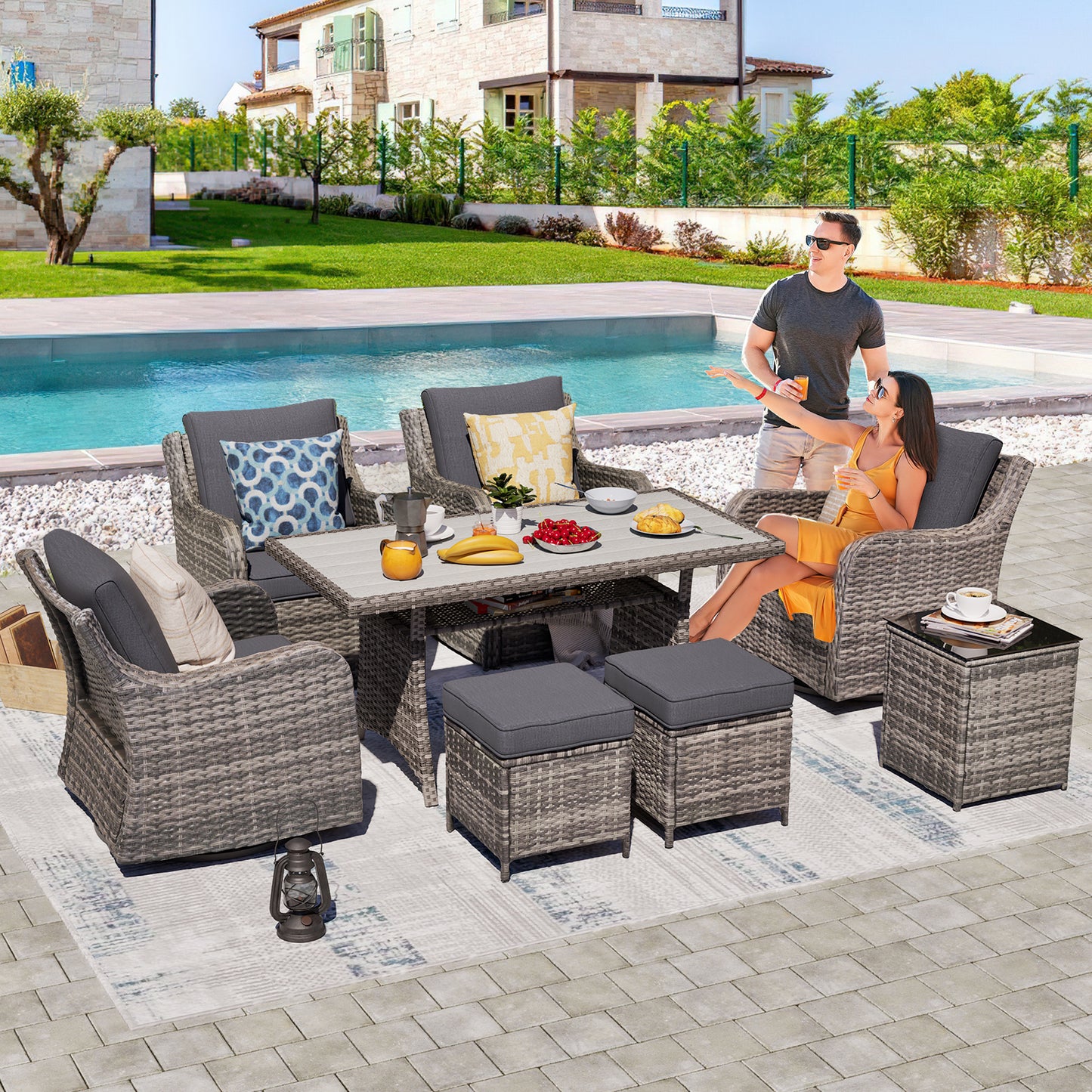6/8 Piece Outdoor Rattan Patio Furniture Set, Swivel Rocker Chairs with Ottomans (YK-6010)