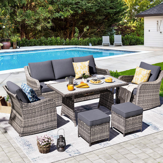 6/8 Piece Outdoor Rattan Patio Furniture Set, Swivel Rocker Chairs with Ottomans  (YK-6010)
