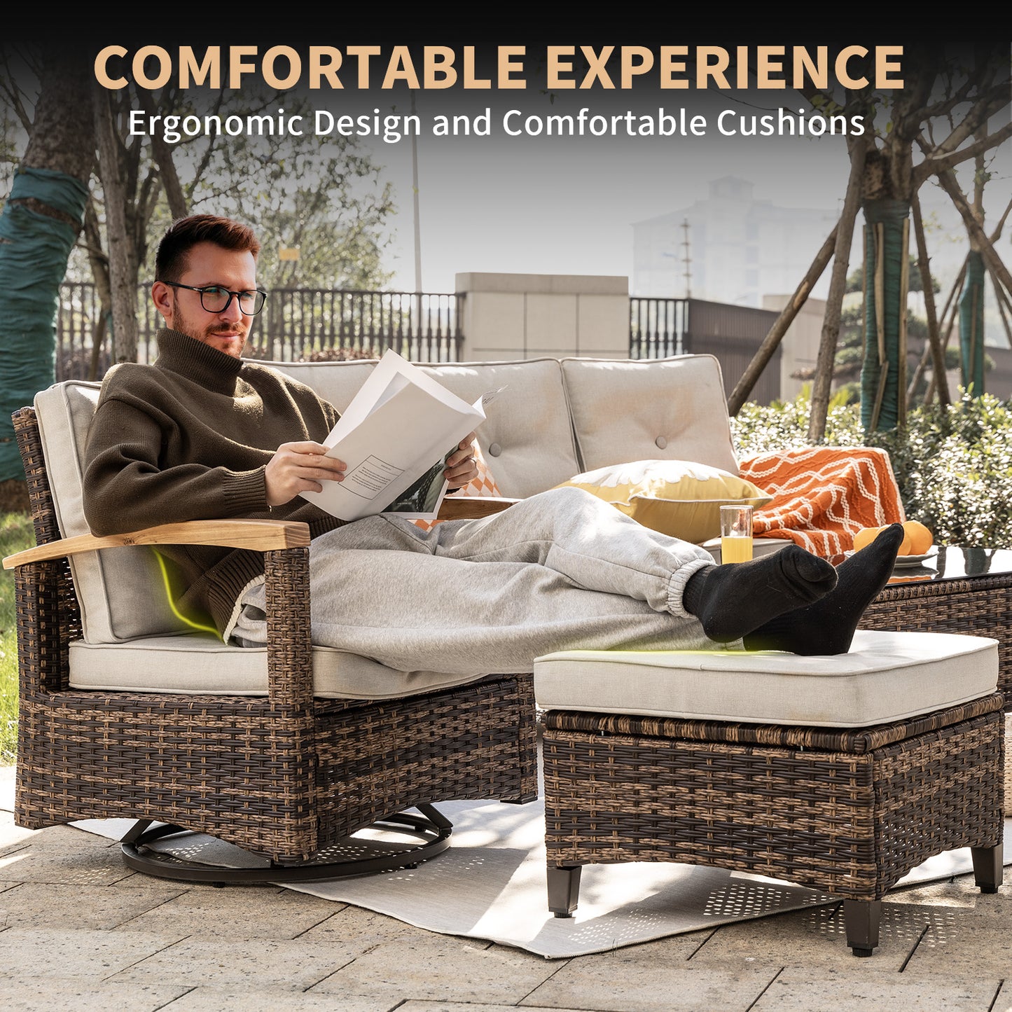 7 Pieces Wooden Handrail Patio Furniture Sets, Outdoor Conversation Sets with Coffee Table (YK-6015-A1)