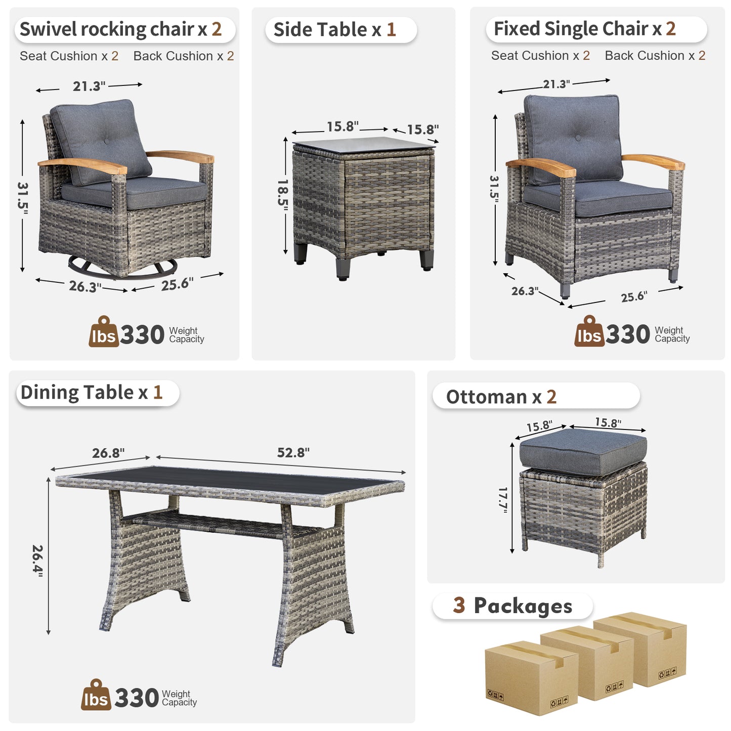 6/8 Piece Outdoor Rattan Patio Furniture Set, Swivel Rocker Chairs with Ottomans (YK-6010)