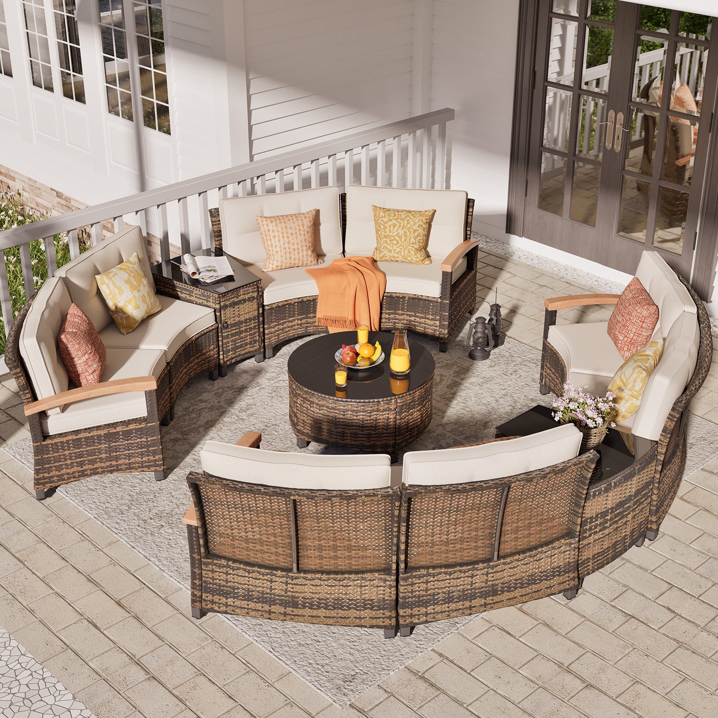 8/9/11 Piece Outdoor Half-Moon Sectional Patio Furniture Set with Wood Armrests (YK-6012)