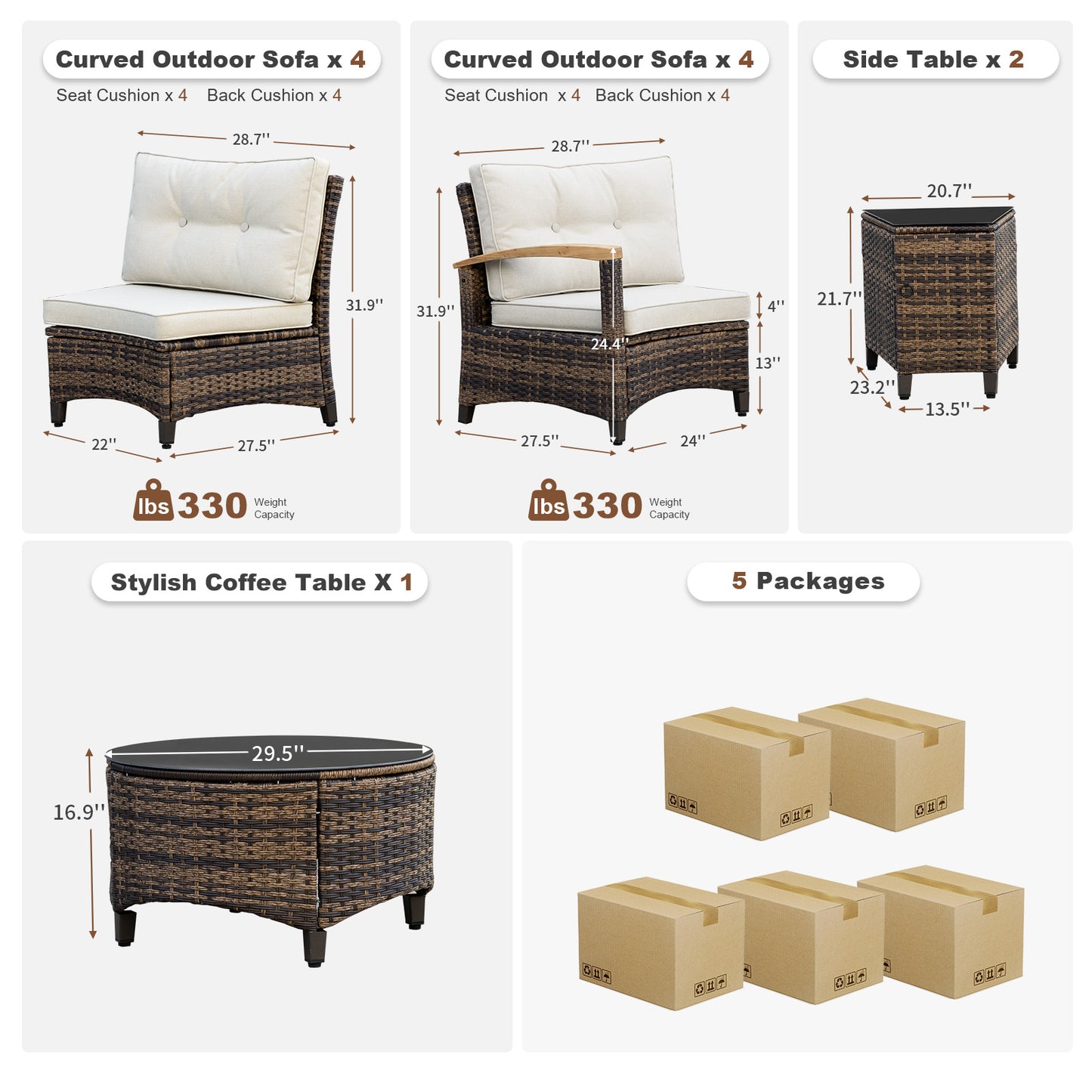 8/9/11 Piece Outdoor Half-Moon Sectional Patio Furniture Set with Wood Armrests (YK-6012)