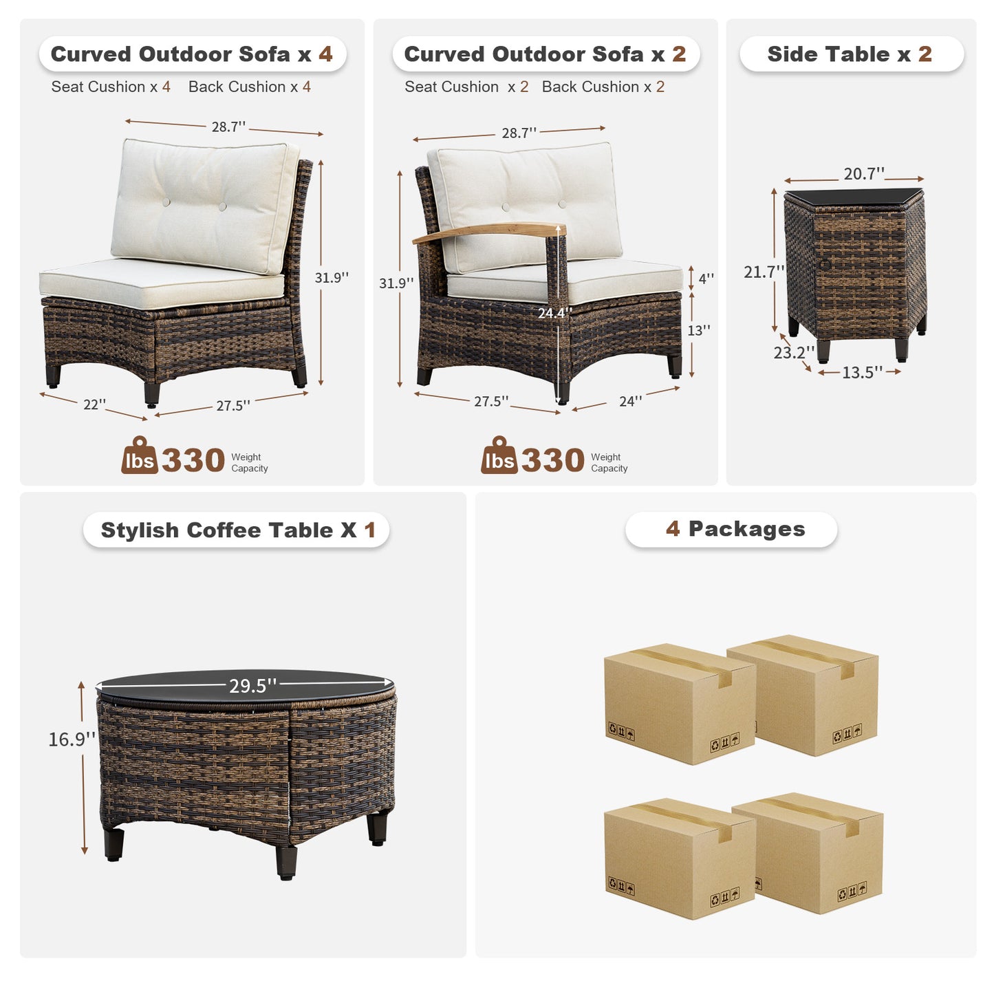 8/9/11 Piece Outdoor Half-Moon Sectional Patio Furniture Set with Wood Armrests (YK-6012)