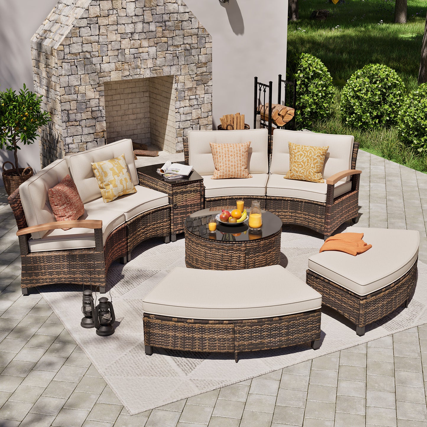 8/9/11 Piece Outdoor Half-Moon Sectional Patio Furniture Set with Wood Armrests (YK-6012)