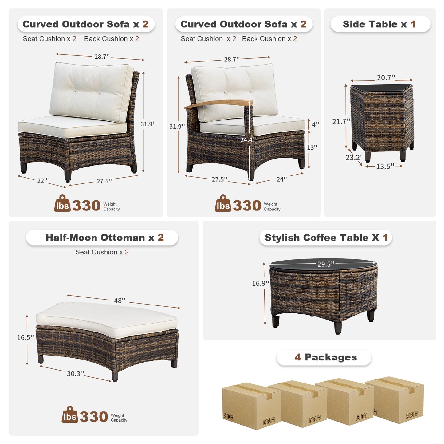 8/9/11 Piece Outdoor Half-Moon Sectional Patio Furniture Set with Wood Armrests (YK-6012)